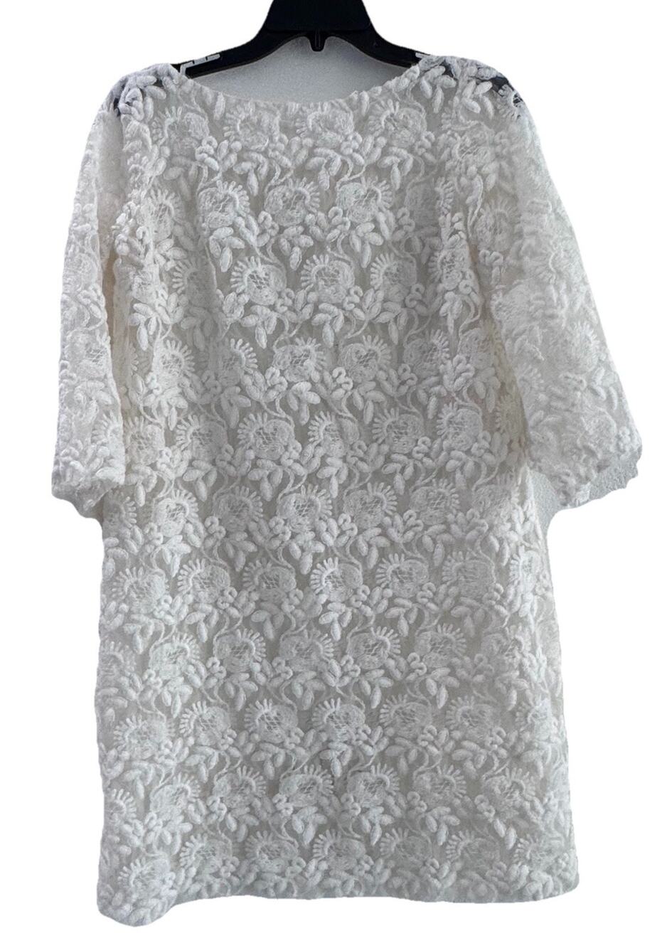 White Floral Embroidered Lace Shift Dress 3/4 Sleeve Size M Boho Vintage